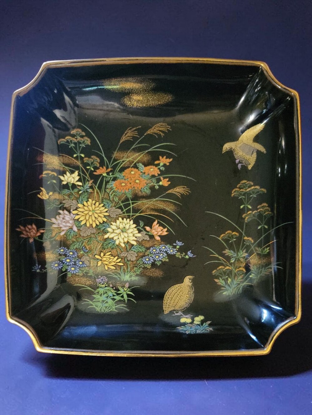 Vtg 70's Andrea By Sadek Hand Painted Sq Plate Tray Bowl Flowers Quails Gold